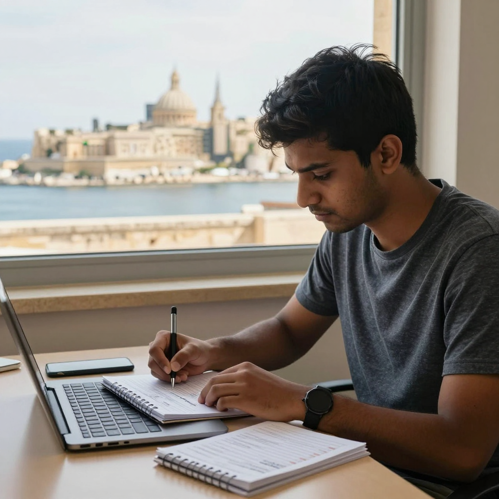Indian student reviewing the cost of studying in Malta for Indian students including tuition and living budget