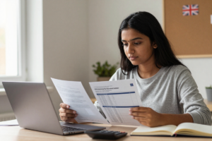 Indian student reviewing cost of studying in UK for Indian students budget documents