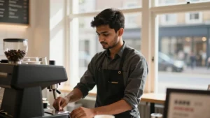 Indian international student working a part time barista job in a UK coffee shop