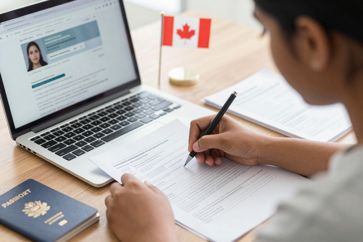 Indian student filling out PGWP Canada 2026 application form with passport and documents