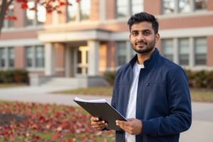 Indian student holding documents on a Canadian university campus, representing PGWP Canada 2026 eligibility for graduates