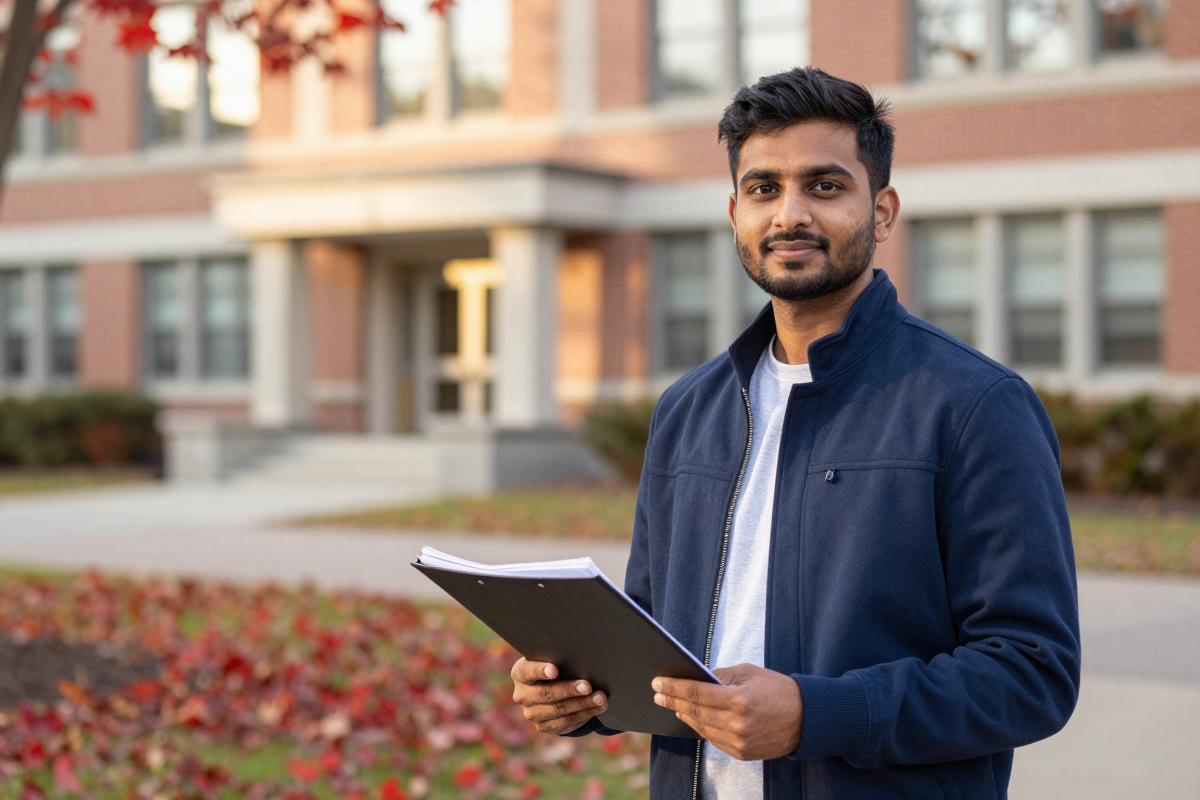 Indian student holding documents on a Canadian university campus, representing PGWP Canada 2026 eligibility for graduates
