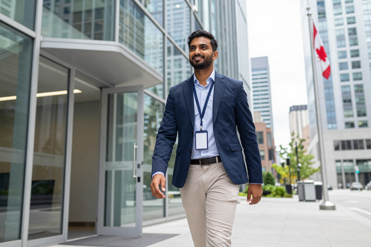Indian professional walking into a Canadian office building after securing a post-graduation work permit