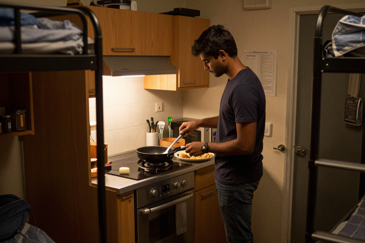 Indian student cooking in shared UK student accommodation kitchen to save living costs