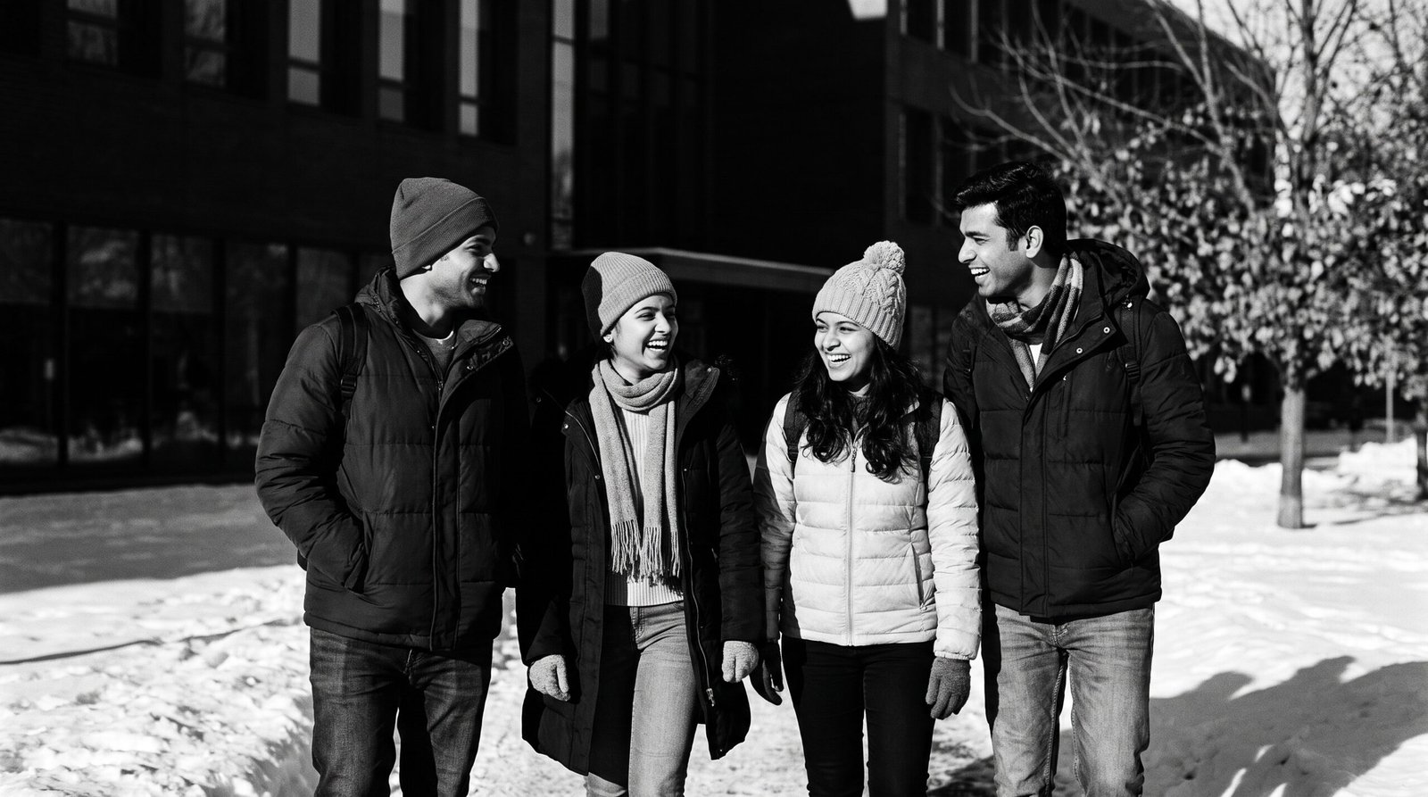 Group of Indian international students who successfully planned their Canada health insurance walking on a snowy campus