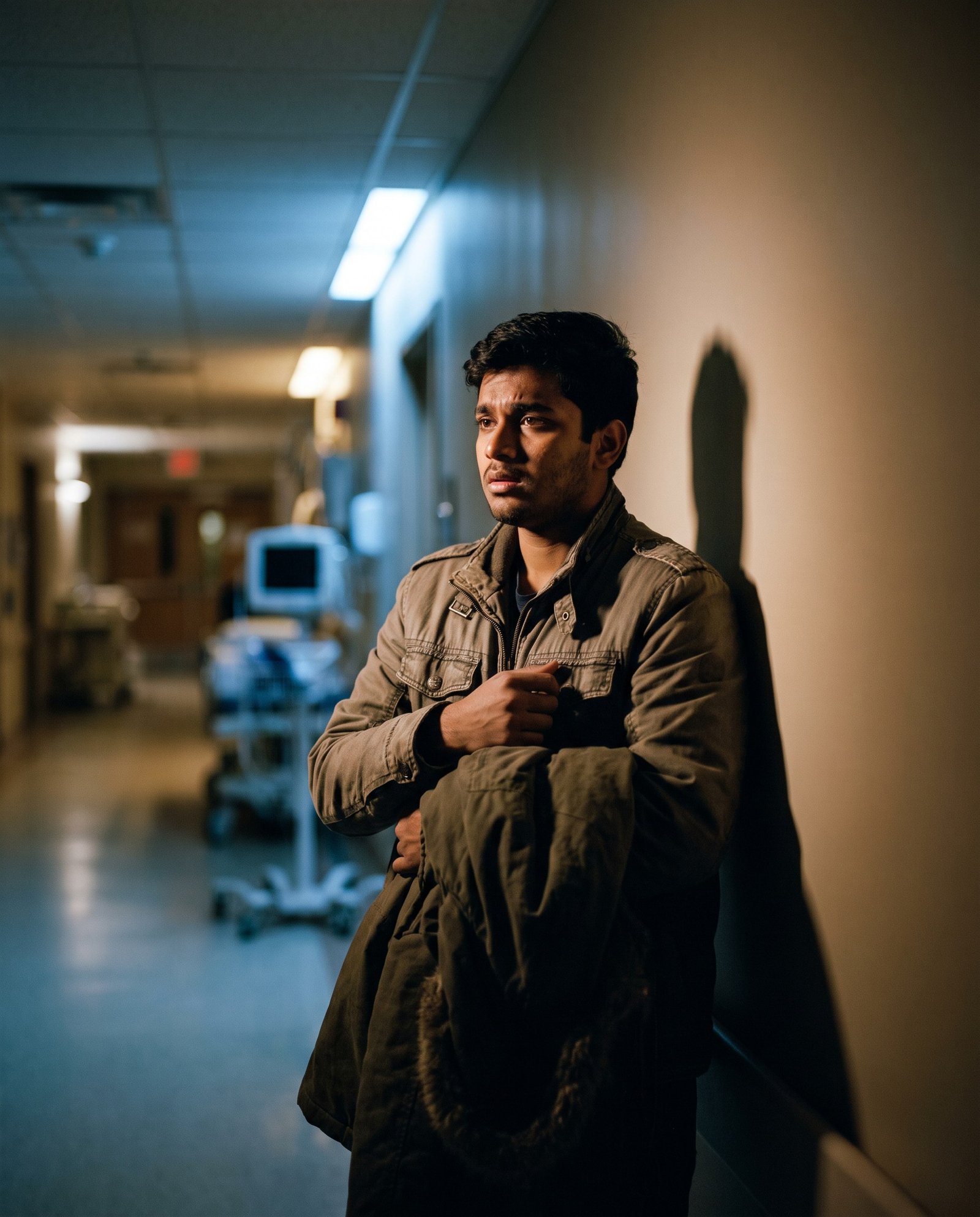 International student facing a health insurance coverage gap in a Canadian hospital emergency room hallway