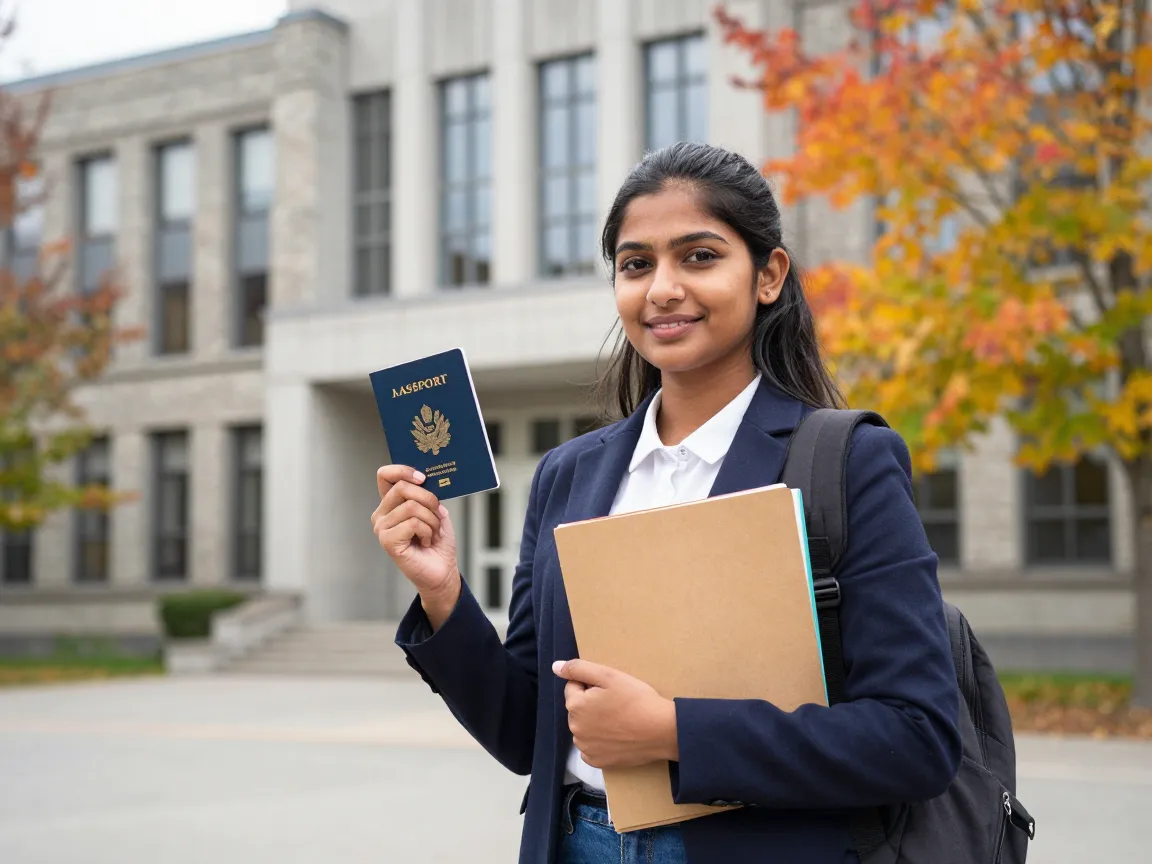 Indian student holding passport outside a Canadian DLI campus after Canada study permit approval