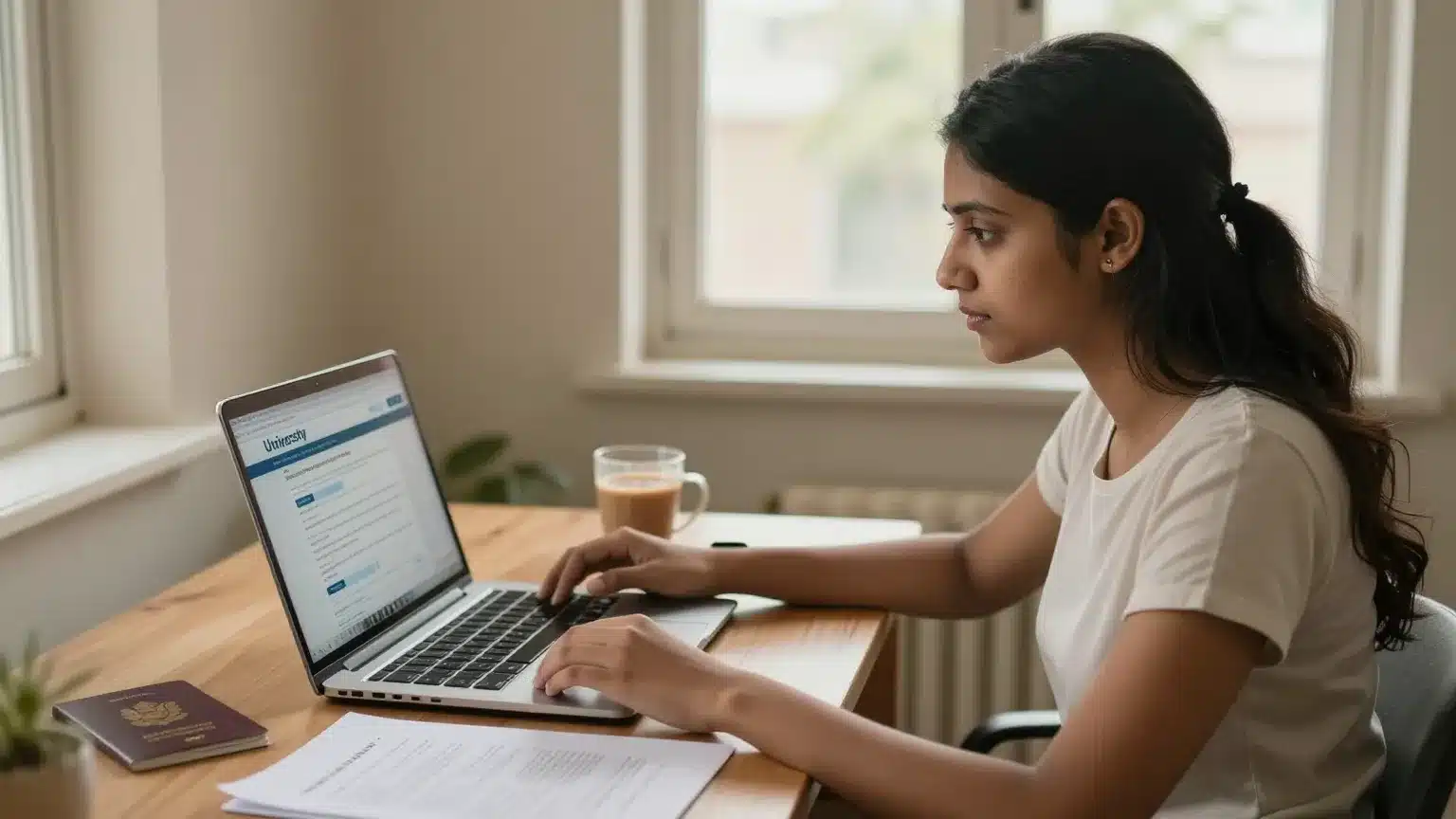 Indian student checking her CAS letter UK status on a university admissions portal before applying for a Student visa