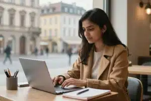 Indian student planning the cost of studying in Germany for Indian students on a laptop in a German cafe