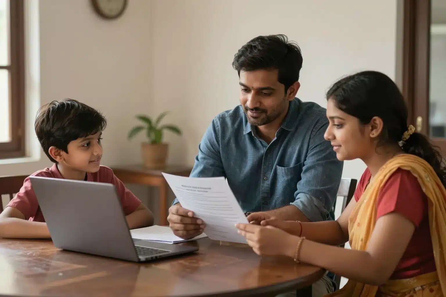 Indian family reviewing Canada scholarship application documents together