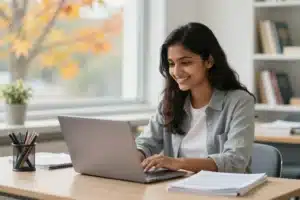 Indian student researching Canada scholarships for Indian students on a laptop
