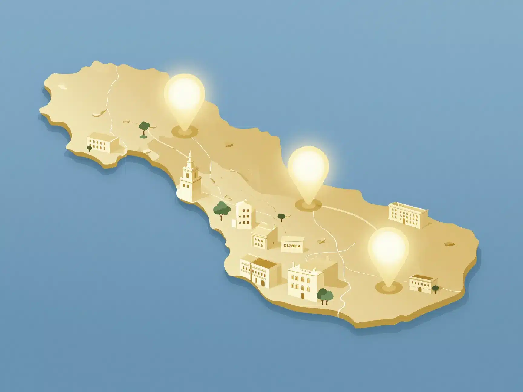Illustrated map comparing Valletta, Sliema and Msida facilities manager salary regions in Malta