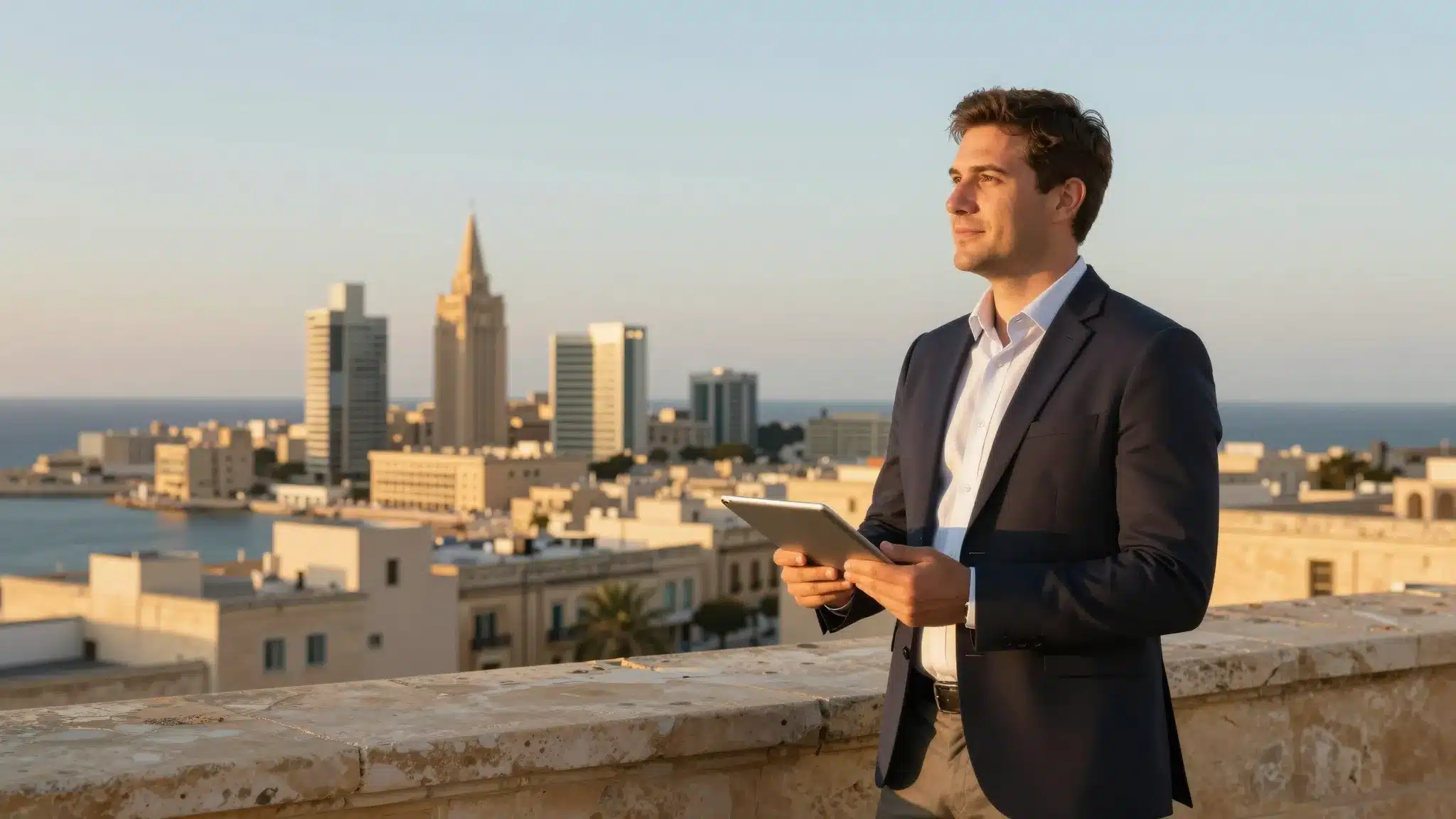 Facilities manager overlooking Sliema Malta skyline representing 2026 salary growth