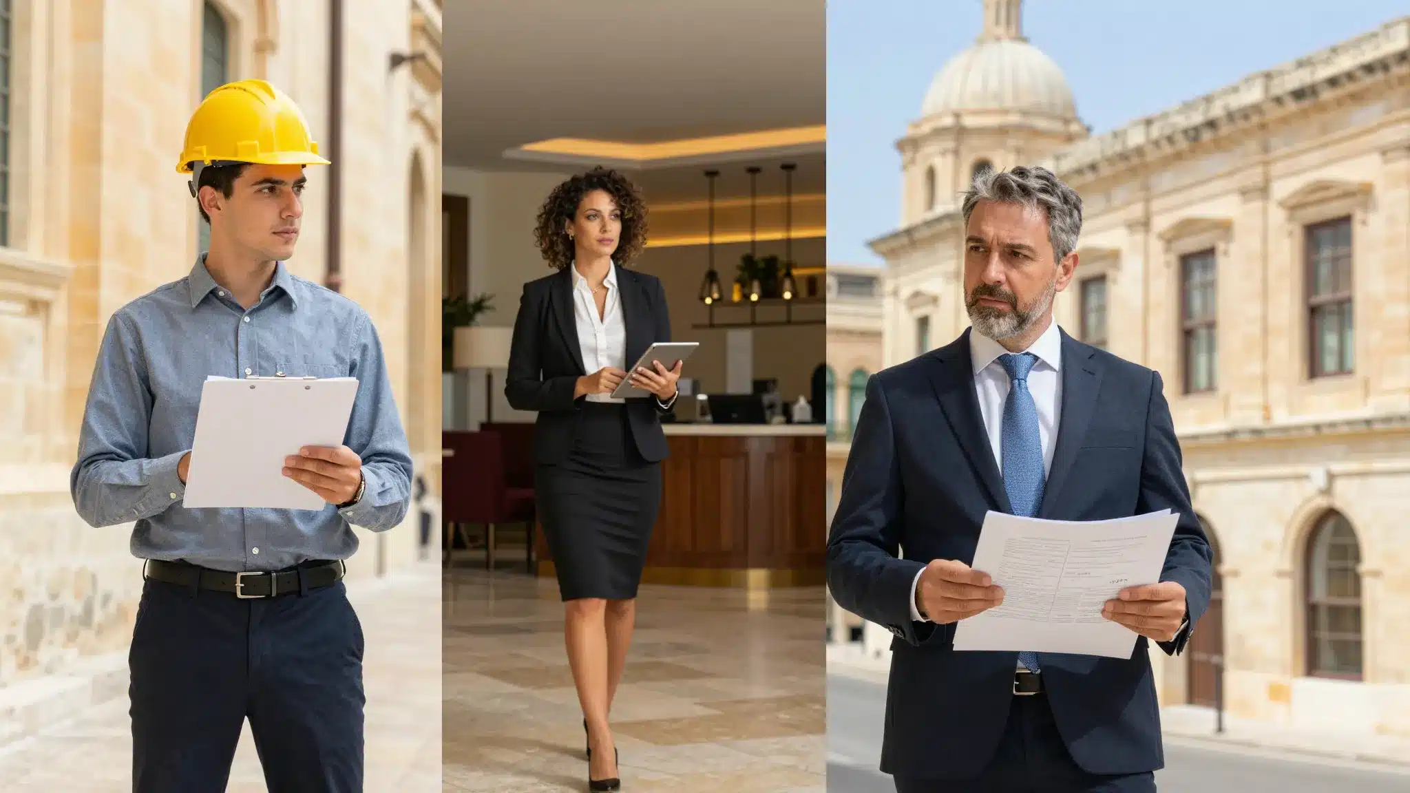 Three facilities management professionals in Malta representing coordinator, senior manager and head of facilities career paths