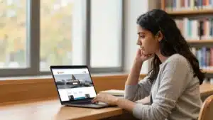 Indian student researching Germany scholarships for Indian students on a laptop in a university library
