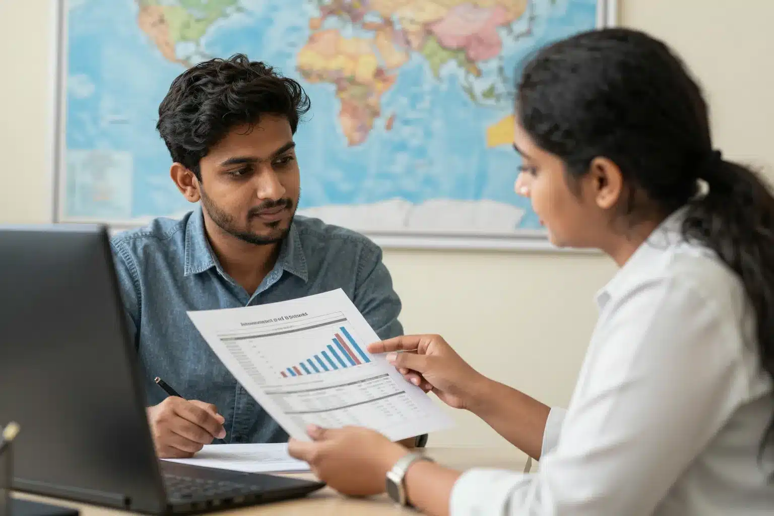 Education counsellor reviewing the total cost of studying in Germany for Indian students with a student