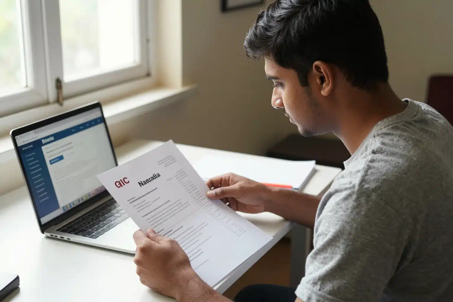 Indian student reviewing his GIC certificate for Canada student visa alongside a laptop showing bank details