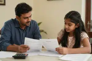 Indian family reviewing GIC for Canada student visa financial documents and calculator at home