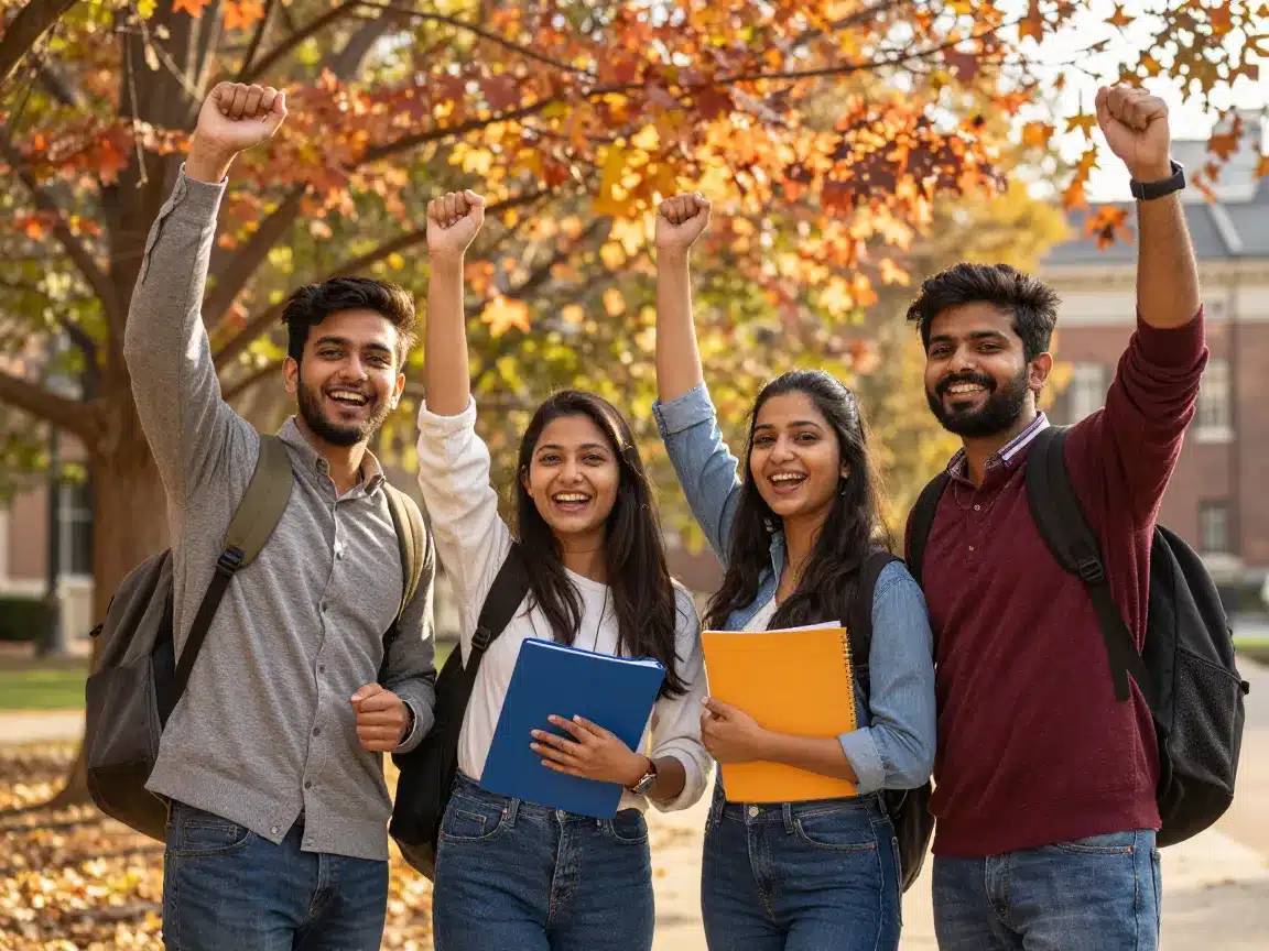 Indian students celebrating Canada study permit approval after fast visa processing time