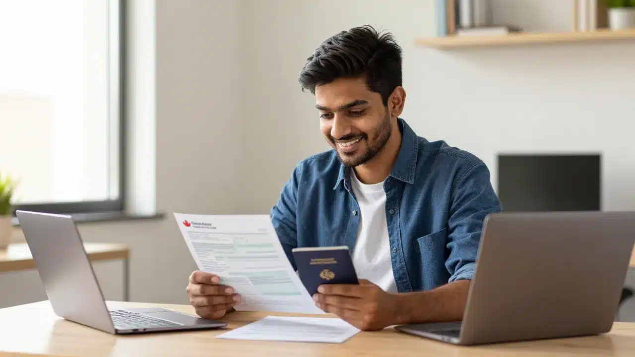 Indian student reviewing Canada student visa processing time documents and passport in 2026