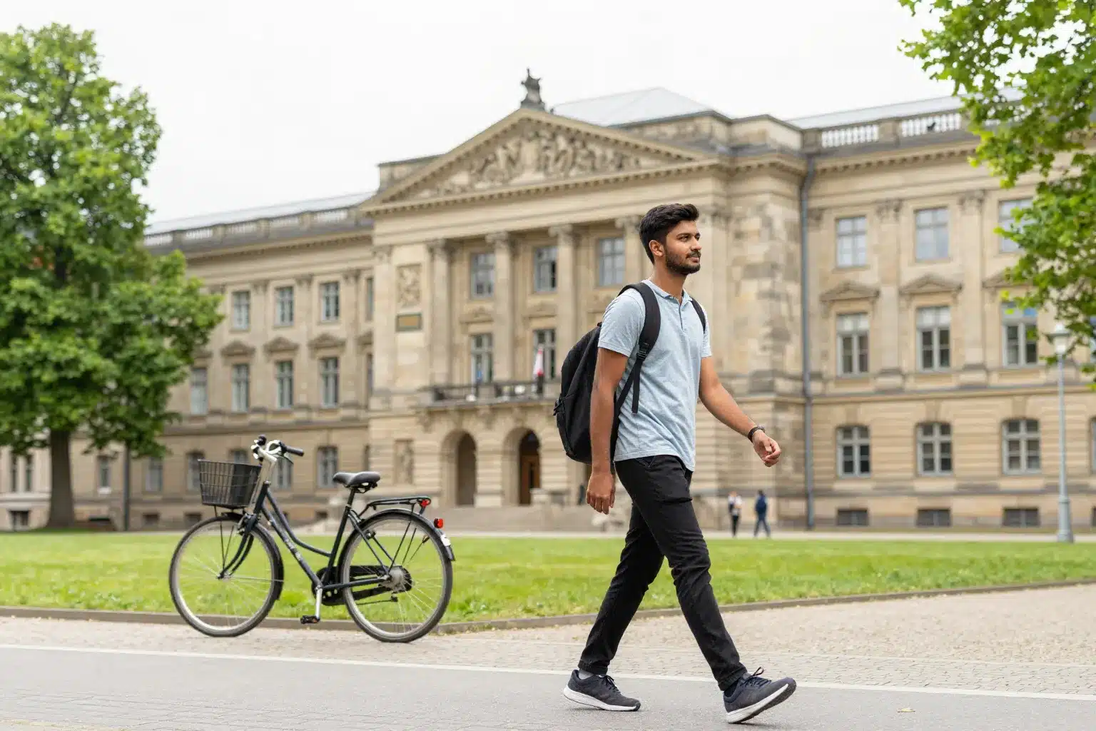Indian student walking on a German public university campus that charges no tuition fee