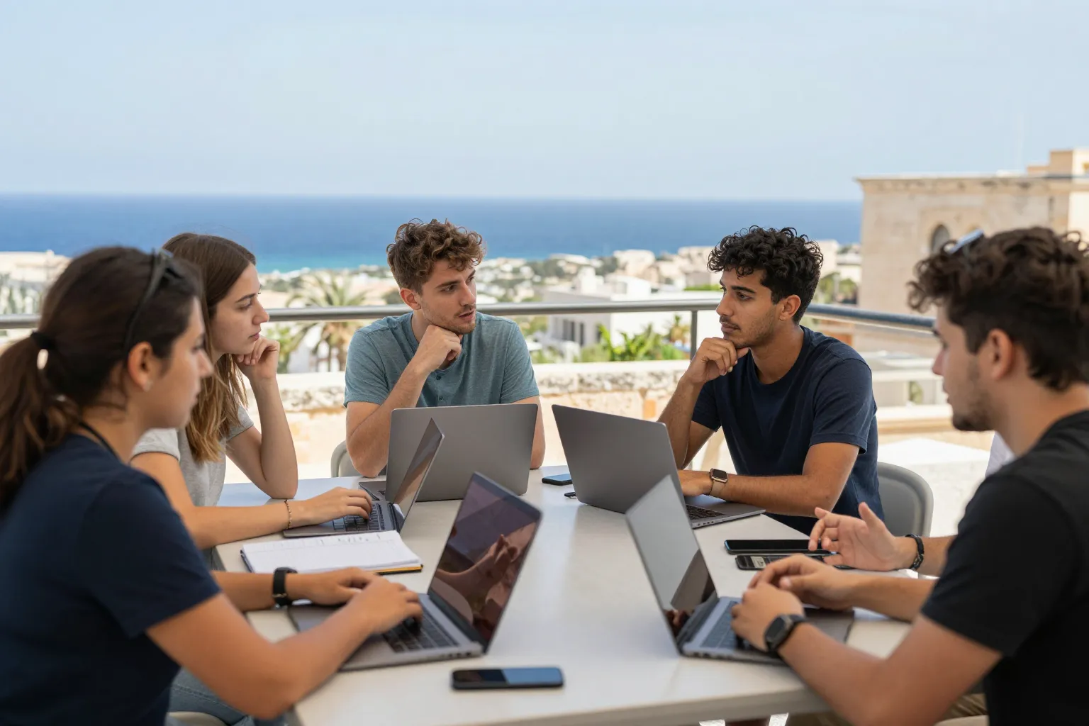International students discussing university course options on a Malta campus terrace overlooking the sea