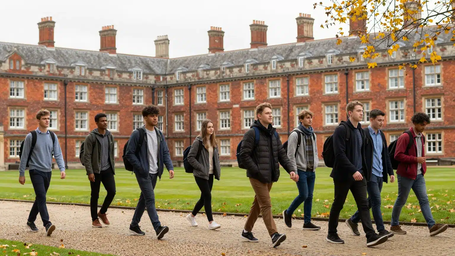 International students walking across a UK university campus after receiving their CAS letter and Student visa