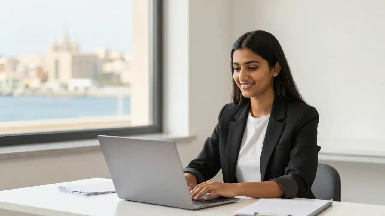 Indian student researching Malta scholarships for Indian students on a laptop