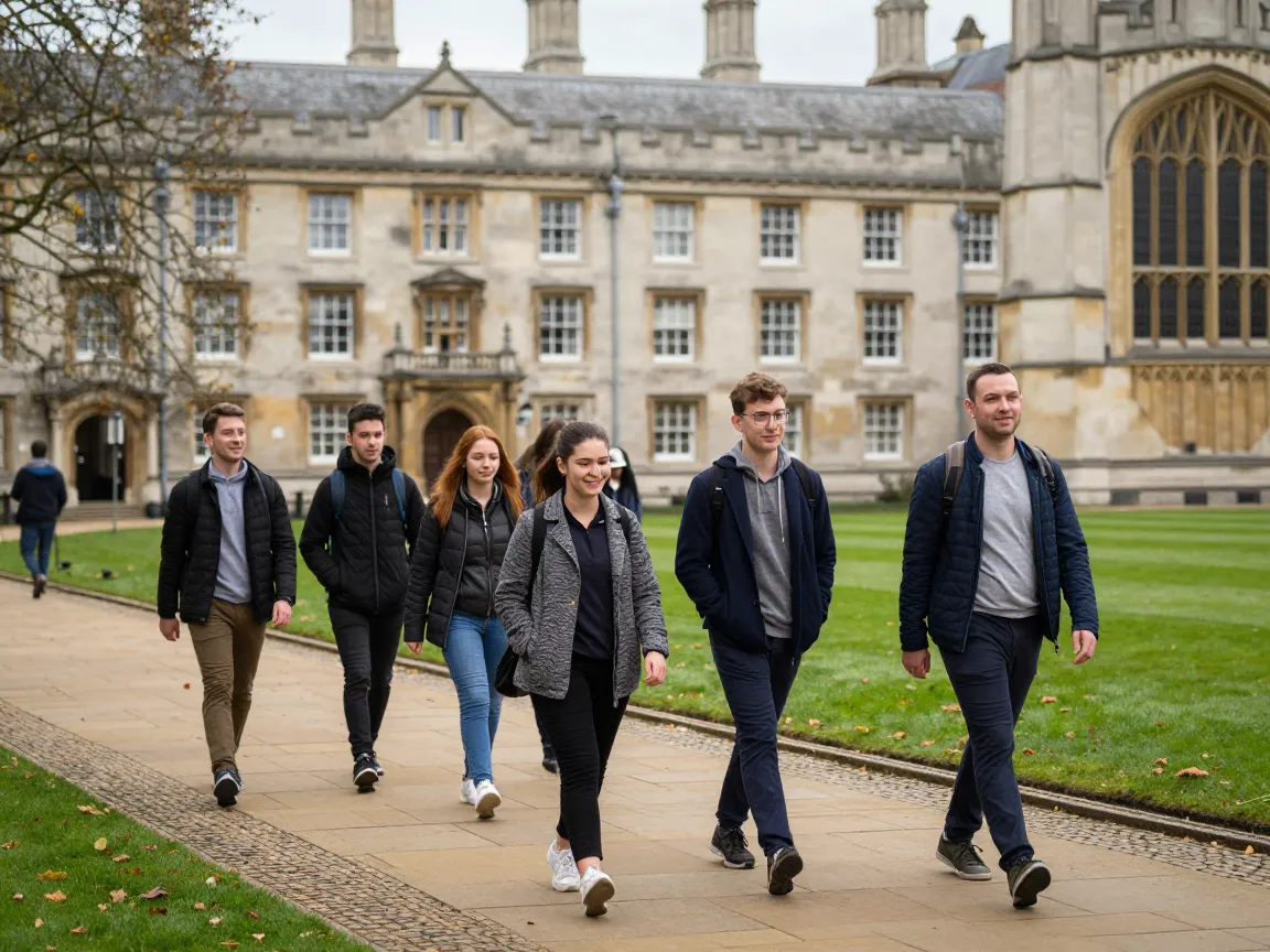 International students walking on a UK university campus after receiving scholarship awards