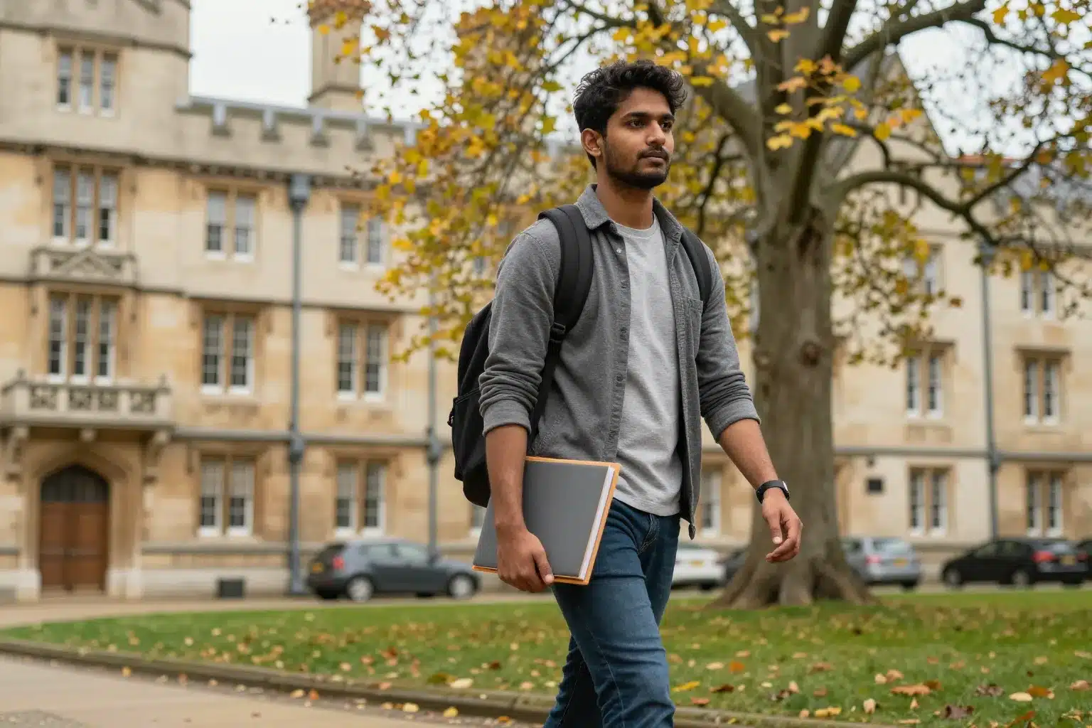 Indian student walking on UK university campus after meeting UK student visa requirements